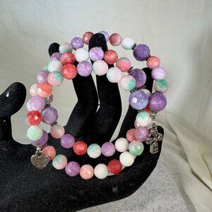 Handmade Candy Jade stones Rosary Wrap Beaded Bracelet With Cross & Heart Charms